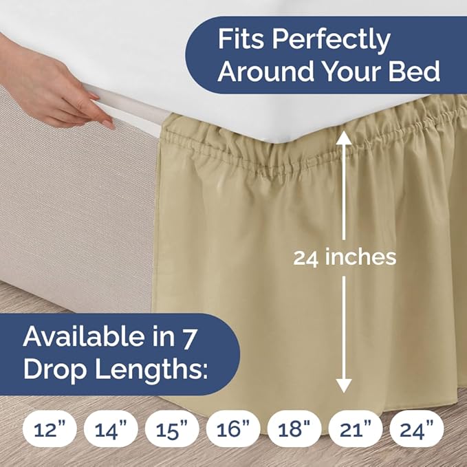 Wrap Around Dust Ruffle Bed Skirt - Beige - for King Size Beds with 24 Inch Drop - Easy Fit Elastic Strap - Adjustable Pleated Bedskirt w/Brushed Fabric - Wrinkle Free - for Women, Men, Kids & Teens