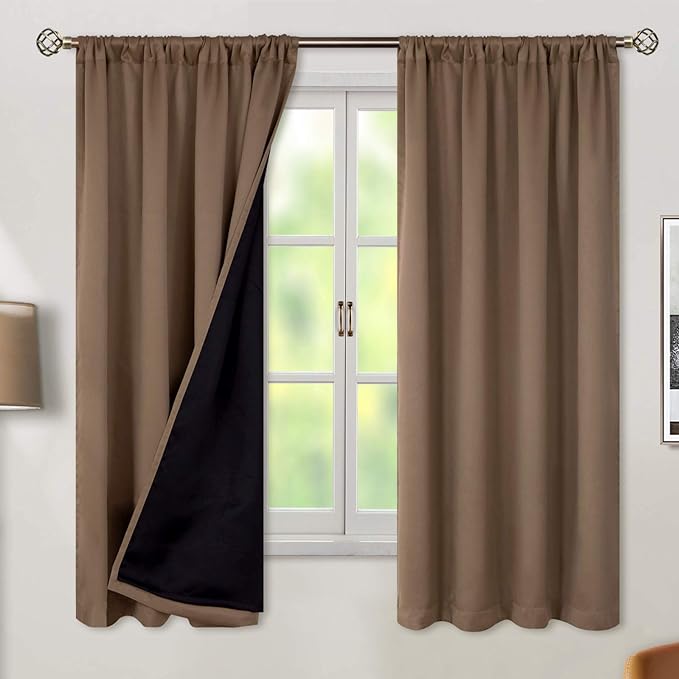 BGment Thermal Insulated 100% Blackout Curtains for Bedroom with Black Liner, Double Layer Full Room Darkening Noise Reducing Rod Pocket Curtain (52 x 63 Inch, Taupe, 2 Panels)
