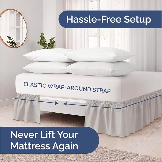 Wrap Around Dust Ruffle Bed Skirt - Light Grey - for King Size Beds with 12 Inch Drop - Elastic Strap - Adjustable Pleated Bedskirt with Brushed Fabric and Wrinkle Free - for Women, Men, Kids & Teens
