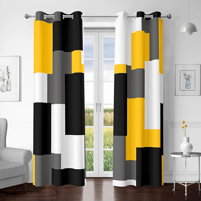 Yellow 100% Blackout Curtains for Bedroom 72 inch Length 2 Panels Set White Grey Modern Abstract Geometric Black Out Curtains Insulated Room Darkening Window Drapes for Living Room, 42Wx72L