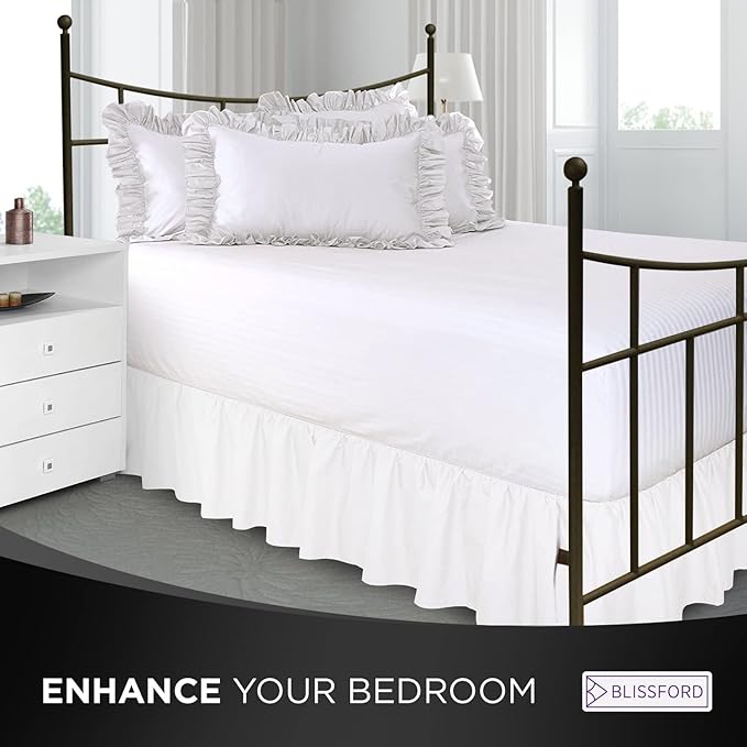 BLISSFORD White Bed Skirt - Twin XL 14 inch Drop - with Split Corners - Cotton Blend Ruffle Bed Skirt, Dust Ruffle for Extra Long Twin Size Bed, Dorm White Bedskirt, Machine Washable