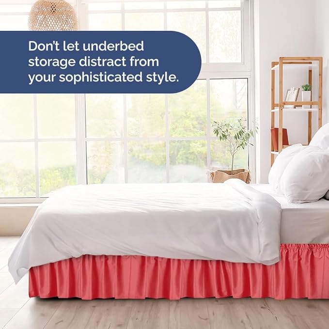 Wrap Around Dust Ruffle Bed Skirt - Red - for Queen Size Beds with 15 Inch Drop - Easy Fit Elastic Strap - Adjustable Pleated Bedskirt w/Brushed Fabric - Wrinkle Free - for Women, Men, Kids & Teens