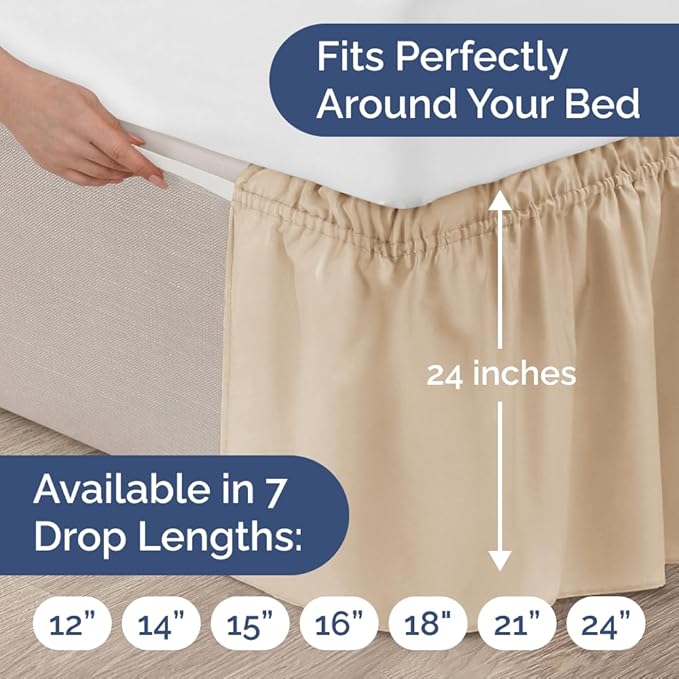 Wrap Around Dust Ruffle Bed Skirt - Cream - for Full Size Beds with 24 Inch Drop - Easy Fit Elastic Strap - Adjustable Pleated Bedskirt w/Brushed Fabric - Wrinkle Free - for Women, Men, Kids & Teens