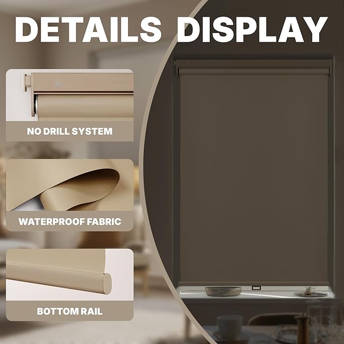 HESTIA No Drill Cordless Blackout Roller Shades Screwless Waterproof Shower Window Blinds, Auto-Retraction Easy Install Blind for Bathroom/Kitchen/Office/Exterior, Greige, 35.5" W x 54" H