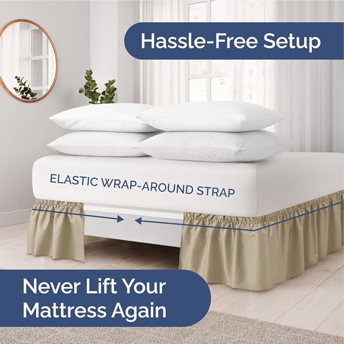 Wrap Around Dust Ruffle Bed Skirt - Beige - for Full Size Beds w/ 16 Inch Drop - Easy Fit Elastic Strap - Adjustable Pleated Bedskirt w/Brushed Fabric, Wrinkle & Fade Free Women, Men, Kids & Teens