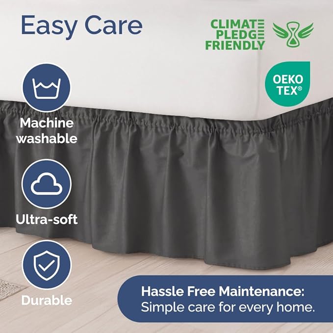 Wrap Around Dust Ruffle Bed Skirt - Charcoal - Twin/Twin XL Size Beds w/ 12 Inch Drop - Easy Fit Elastic Strap - Adjustable Pleated Bedskirt w/Brushed Fabric - Wrinkle Free - Women, Men, Kids & Teens