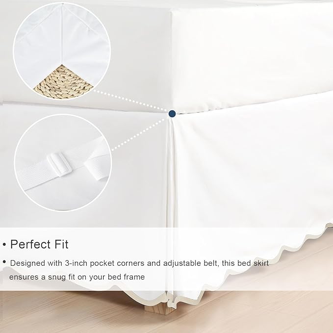 HIG Queen Bed Skirt - Easy Fit Scallop Edge Pleated Bedskirts With Spilt Coner, 12 Inch Drop Anti-Slip Dust Ruffle, Thick Fabric for Enhanced Privacy, Pre-Washed for Long-Lasting Use, Machine Washable