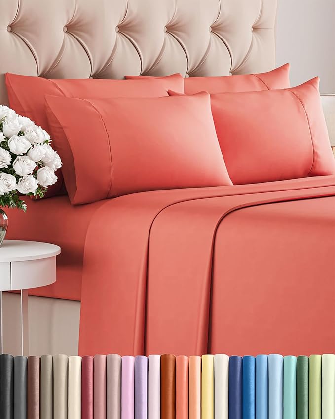 Full 6 Piece Sheet Set - Cooling, Comfy & Breathable - Hotel Luxury Bedding, Includes Fitted Sheet for Women, Men, Kids and Teens - 1 Flat, 1 Fitted Sheet, 4 Pillowcases with Deep Pockets - Coral