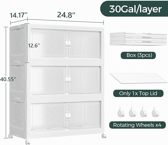 360QT Extra Large Stackable Storage Bins with Lid, 90Gal Collapsible Storage Box with Wheels and Doors, Plastic Closet Organizers and Storage Cabinet for Home Kitchen Office Dorm, 3Pack White