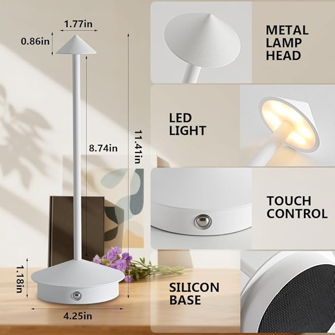 Cordless Table Lamp, 5000mAh Rechargeable Battery Powered LED Desk Lamp, Portable Touch Control Outdoor Table Lamps,3 Color Dimmable Light for Restaurant, Patio, Bedroom, Night Lamp (White)