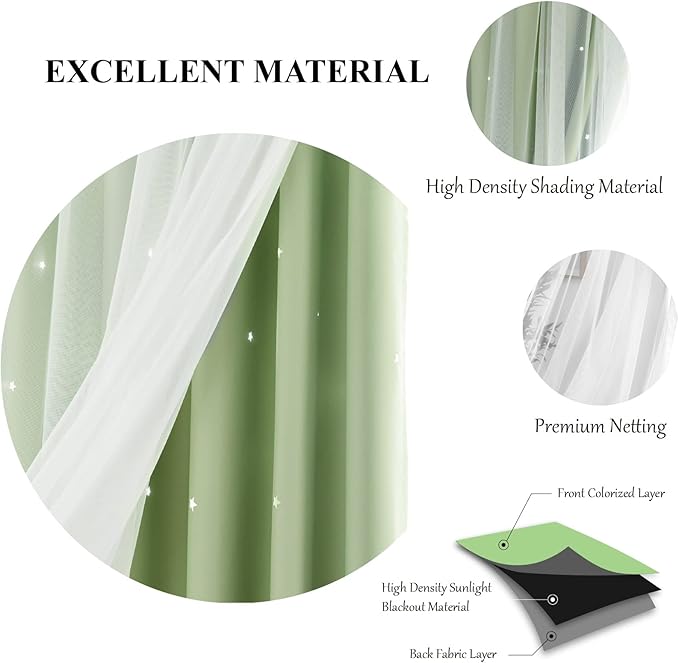 Star Double Layer Blackout Curtains for Bedroom, Kids - Cute, 96 Inches Long, 2 Panels Set, Green, 42 X 96 Inches