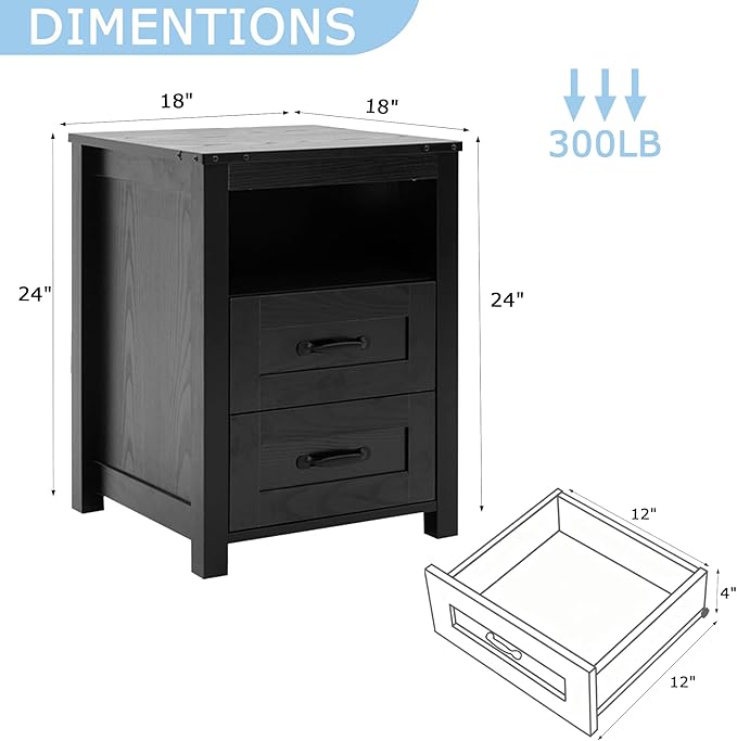 Black Rustic Night Stand, Farmhouse End Table, Modern Bedside Table with 2 Storage Drawers and Open Shelf, Tall Nightstand for Bedroom