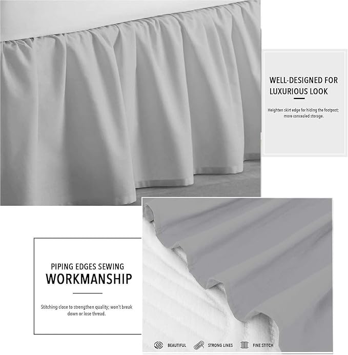 Light Grey Solid Ruffled Bed Skirt Queen-XL-8 Inch Drop Split Corner, Microfiber Bedskirt with Platform Three Sided Coverage