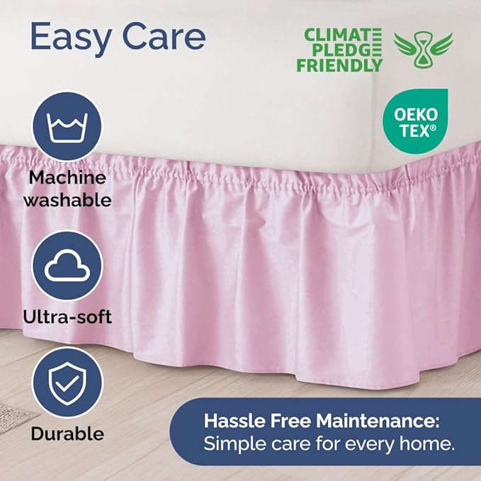 Wrap Around Dust Ruffle Bed Skirt - Light Pink - for Full Size Beds with 12 Inch Drop - Elastic Strap - Adjustable Pleated Bedskirt with Brushed Fabric and Wrinkle Free - for Women, Men, Kids & Teens