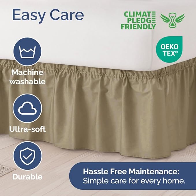 Wrap Around Dust Ruffle Bed Skirt - Khaki - for Full Size Beds w/ 12 Inch Drop - Easy Fit Elastic Strap - Adjustable Pleated Bedskirt w/Brushed Fabric - Wrinkle Free - for Women, Men, Kids & Teens