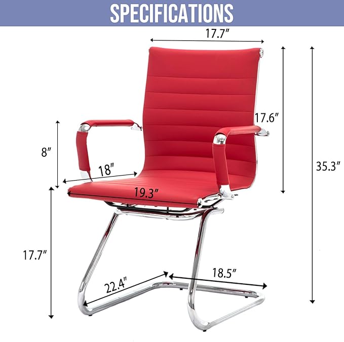 Wahson Office Guest Chairs Set of 8, Leather Reception Chairs, Mid Back Waiting Room Chair, Conference Chairs with Sled Base, Desk Chair No Wheels for Meeting/Lobby/Restroom, Dark Red