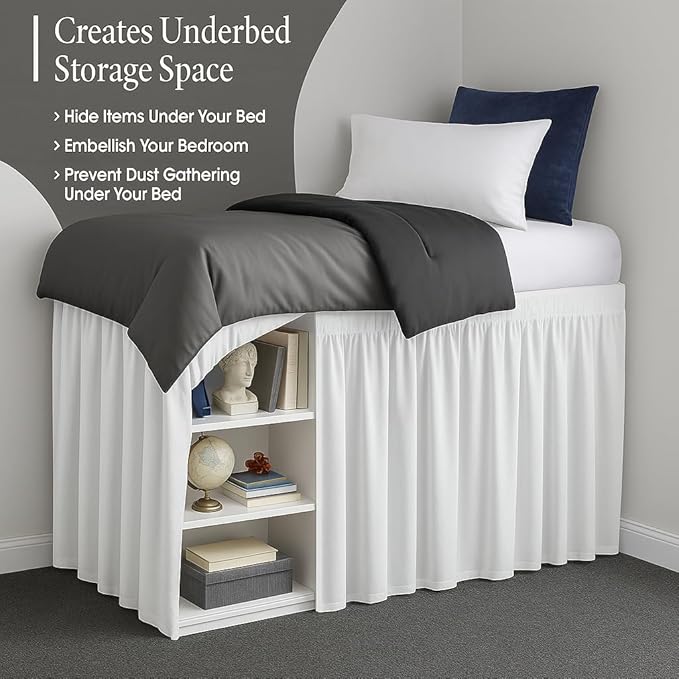 Cottingon Dorm Bed Skirt Twin XL 32" with Split Corners, 100% Microfiber Soft and Stylish, College Room Essential, Extra Long Dust Ruffle for Extended Beds, White