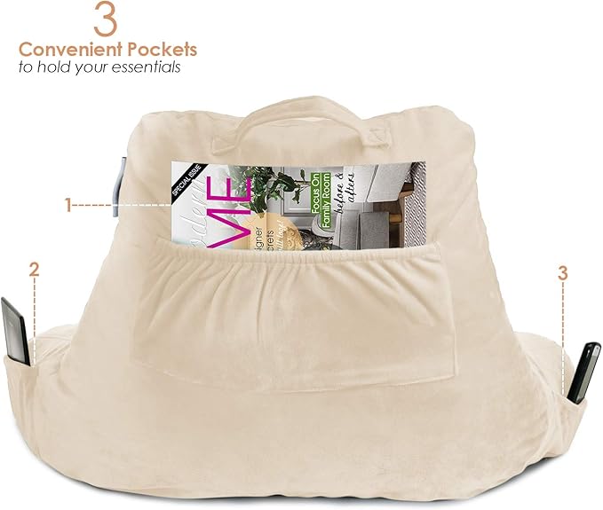 Nestl Reading Pillow with Shredded Memory Foam, Designed for Sitting Up in Bed and Couch, Back and Arms Adjustable Support for Adult & Teens Backrest Pillows for Reading, Washable Cover, Beige Cream