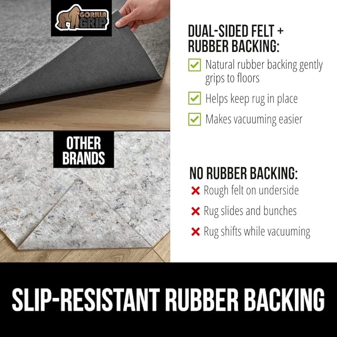 GORILLA GRIP Felt and Natural Rubber Stay in Place Slip Resistant Rug Pad, 1/8in Thick, 7x10 FT Protective Padding Under Area Rugs, Cushioned Gripper Pads, Carpet Runners, Hardwood Floors Protection