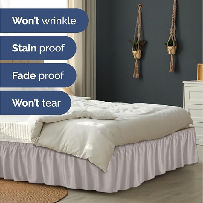 Wrap Around Dust Ruffle Bed Skirt - Light Grey - for Queen Size Beds with 21 Inch Drop - Elastic Strap - Adjustable Pleated Bedskirt with Brushed Fabric and Wrinkle Free - For Women, Men, Kids & Teens