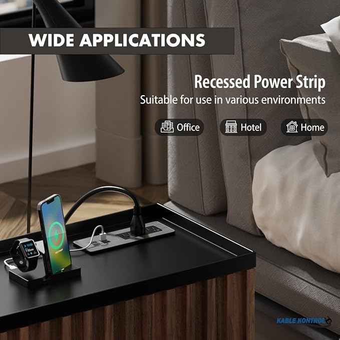 Kable Kontrol Recessed Power Strip Kit with Fast Charging 2 PD65W USB-C Ports, 2 USB-A ports, 3 Power Desk Outlets, Replaceable Silver Finish Panel Plate Flush Mount Furniture Charging Station Grommet