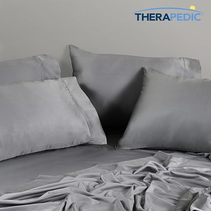 Therapedic 1000TC Split King 7-Piece Sheet Set - 100% Organic Rayon Dervied from Bamboo Blend with Cooling Fiber, Ideal for Hot Sleepers - 16" Deep Pocket Fitted Sheet, Bonus Pillowcases - Dark Grey