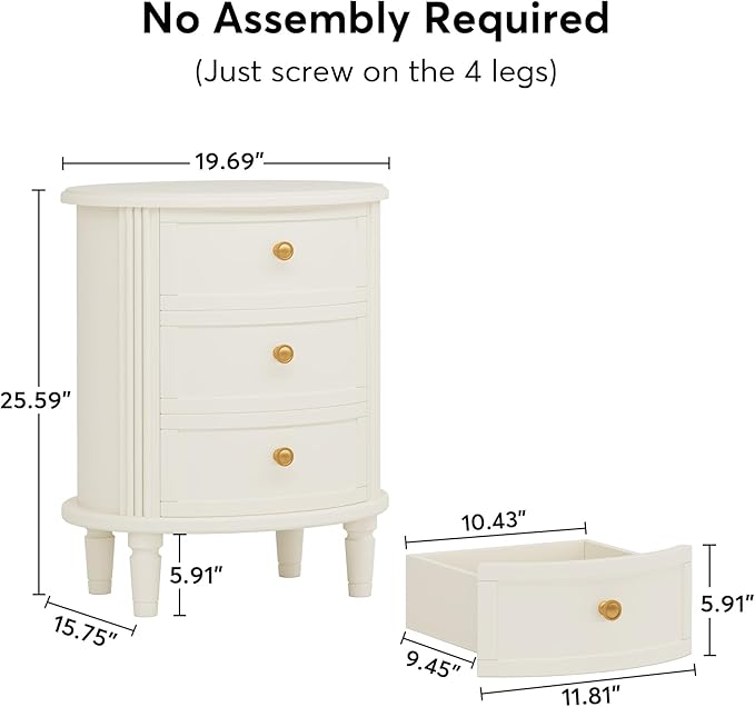 Tribesigns Nightstand with 3 Drawers, Oval Bed Side Table for Bedroom, Fully Assembled, Farmhouse Night Stand with Storage, Wooden Side End Table with Solid Wood Legs for Living Room, Beige White