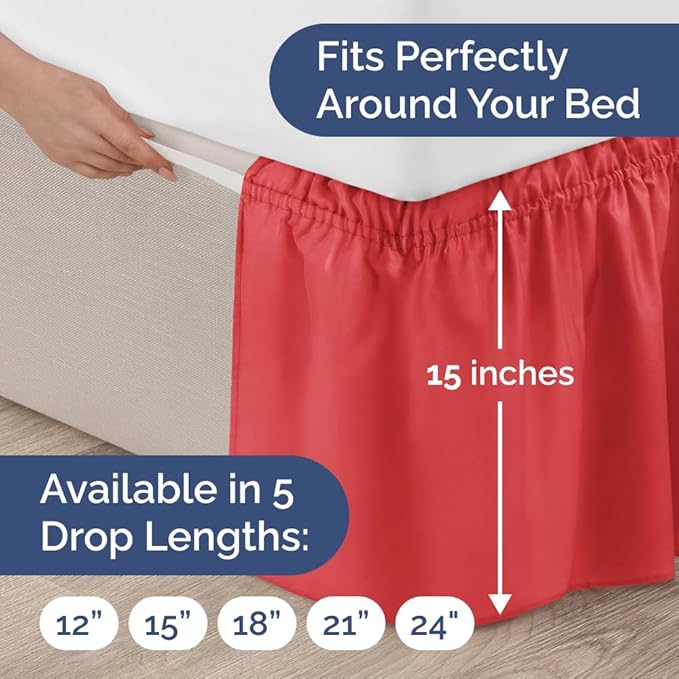Wrap Around Dust Ruffle Bed Skirt - Red - for Full Size Beds with 15 Inch Drop - Easy Fit Elastic Strap - Adjustable Pleated Bedskirt w/Brushed Fabric - Wrinkle Free - for Women, Men, Kids & Teens