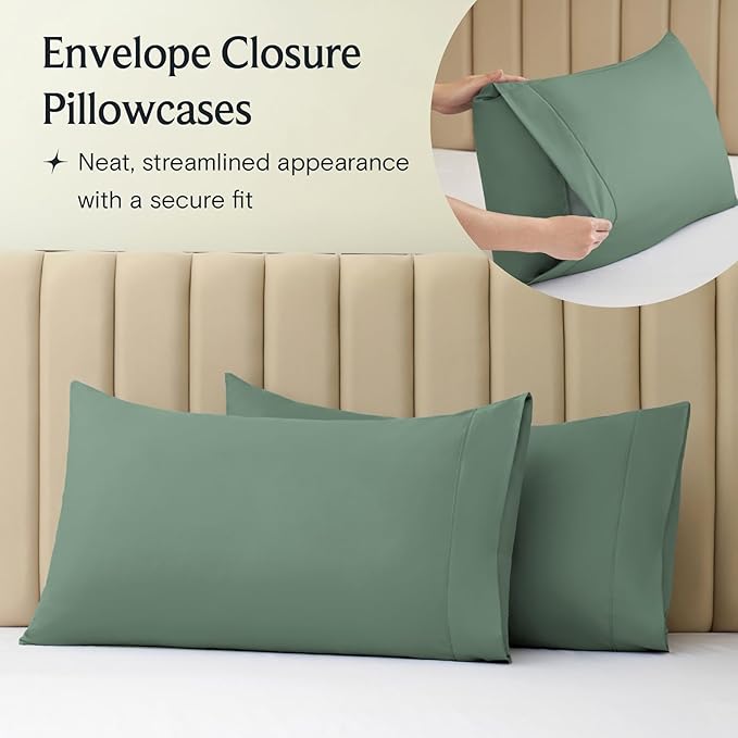 LuxClub 4 PC Full Sheet Set, Deep Pockets Wrinkle Free Cooling Bed Sheets Hotel Bedding for Women, Men, Kids & Teens, Includes 1 Fitted Sheet, 1 Flat Sheet and 2 Pillowcases-Soft Tree Moss Green