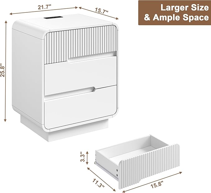 7 Drawer Dresser and 2 Nightstand Sets for Bedroom 3 Pcs Bedroom Set, Modern 47.2" Fluted Dresser with Invisible Handles Nightstand Charging Station, Bedroom Furniture Set for Living Room, White