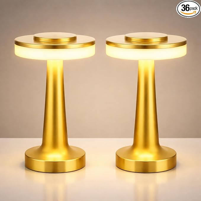 VIHOSE Cordless Table Lamps LED Portable Rechargeable Table Lamp with Touch Sensor 3 Color Dimming up to 15 Hours Battery Desk Light for Restaurant Nursery Living Room(Gold,36 Pcs)