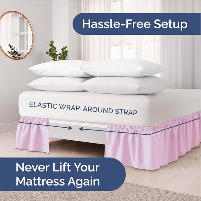 Wrap Around Dust Ruffle Bed Skirt - Light Pink - Twin/Twin XL Size Beds with 12 Inch Drop - Elastic Strap - Adjustable Pleated Bedskirt with Brushed Fabric and Wrinkle Free - Women, Men, Kids & Teens