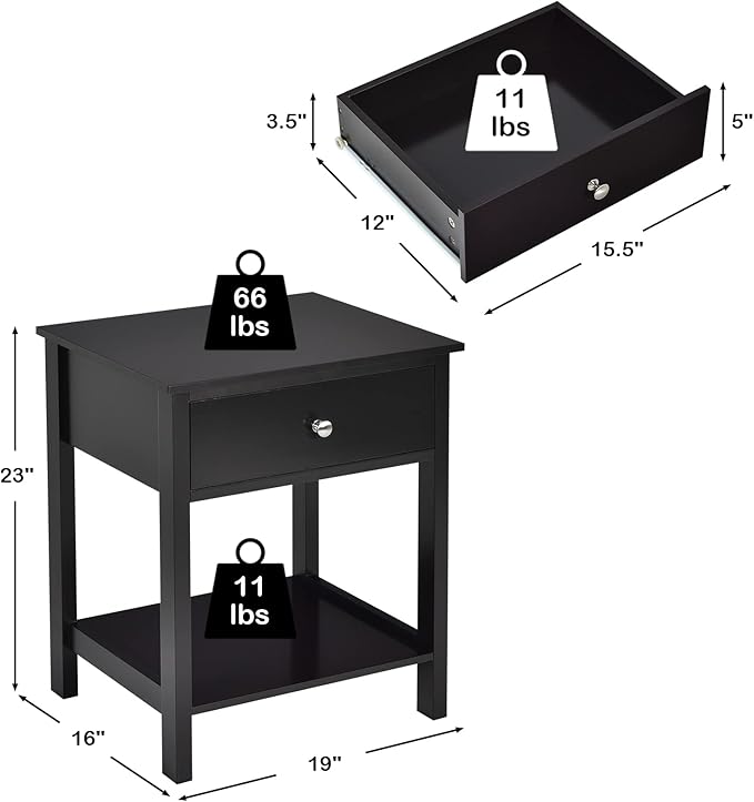 Giantex Nightstand, Wood End Table with Drawer and Open Shelf, Night Stand for Small Spaces, 2-Tier Bedside Table for Living Room Bedroom Dorm, Easy Assembly, Black