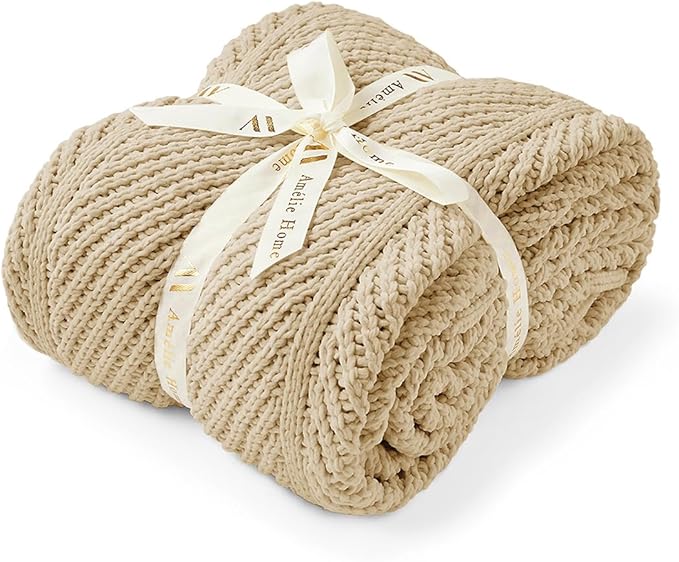 Amélie Home Chevron Chenille Knit Throw Blanket for Couch, Cozy Texture Decorative Soft Blanket for Sofa & Chair, 50"x60", Beige