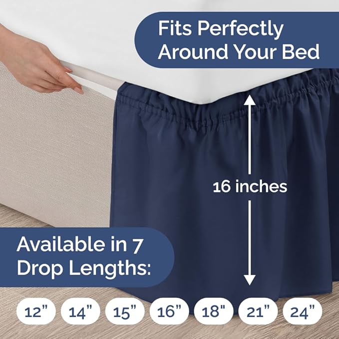Wrap Around Dust Ruffle Bed Skirt - Navy Blue - for Queen Size Beds w/ 16 Inch Drop - Easy Fit Elastic Strap - Adjustable Pleated Bedskirt with Brushed Fabric, Wrinkle Free Women, Men, Kids and Teens