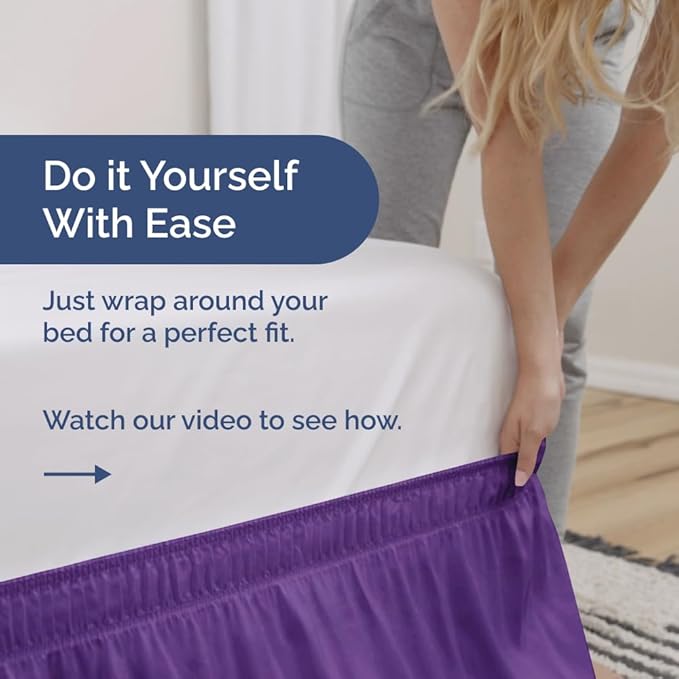 Wrap Around Dust Ruffle Bed Skirt - Purple - for Queen Size Beds with 18 Inch Drop - Easy Fit Elastic Strap - Adjustable Pleated Bedskirt w/Brushed Fabric Wrinkle Free - for Women, Men, Kids & Teens