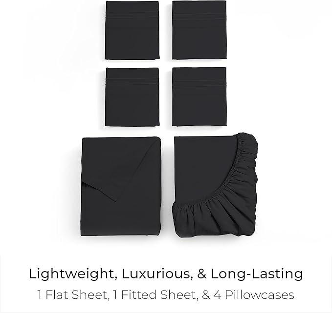 Mellanni Queen Sheet Set - 6-Piece Iconic Collection Bedding, (Including 4 Pillowcases), 16-Inch Deep Pocket, Easy Care, Extra Soft, Cooling Sheets, Brushed Microfiber - Black