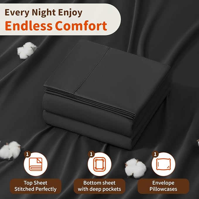 LBRO2M 1000 Thread Count 100% Egyptian Cotton Sheets Set Twin XL, 3 Piece Sets Bed Sheet Deep Pocket Sheet Set 16" Soft Comfortable All Season (Twin XL, Black)