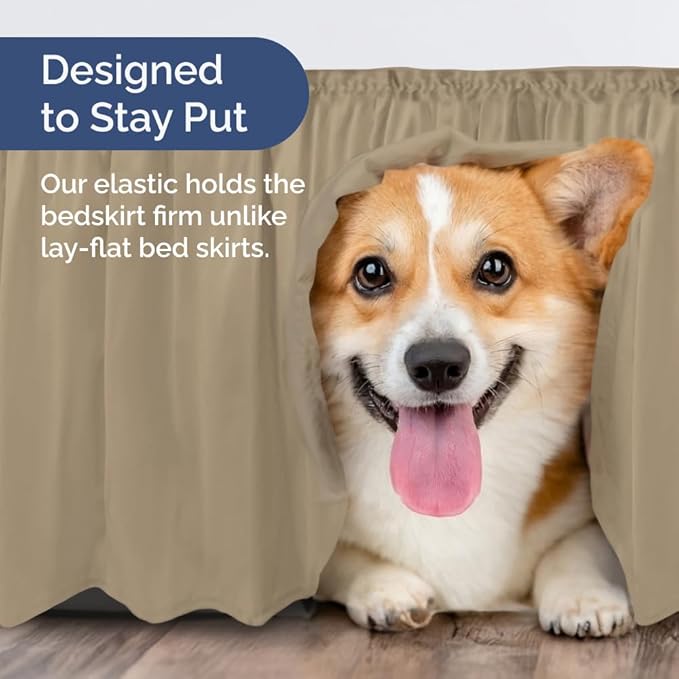 Wrap Around Dust Ruffle Bed Skirt - Beige - for Twin Size Beds w/ 14 Inch Drop - Easy Fit Elastic Strap - Adjustable Pleated Bedskirt w/Brushed Fabric, Wrinkle & Fade Free Women, Men, Kids & Teens