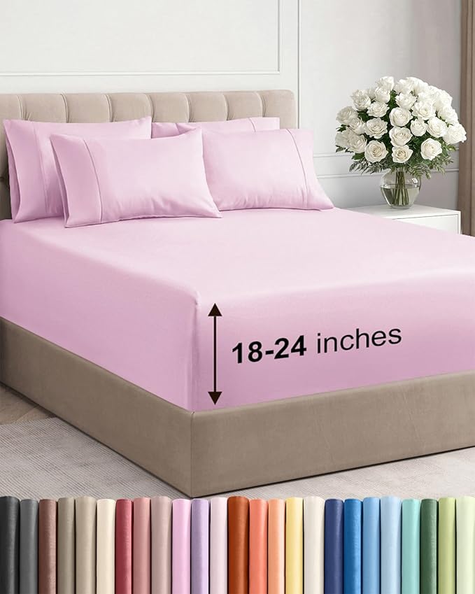 Extra Deep King Sheet Set - 6 Piece Breathable & Cooling Sheets - Hotel Luxury Bed Sheets Set - Easy & Secure Fit - Soft, Wrinkle Free & Comfy Sheets Set - Light Pink Sheet Set with Extra Deep Pockets