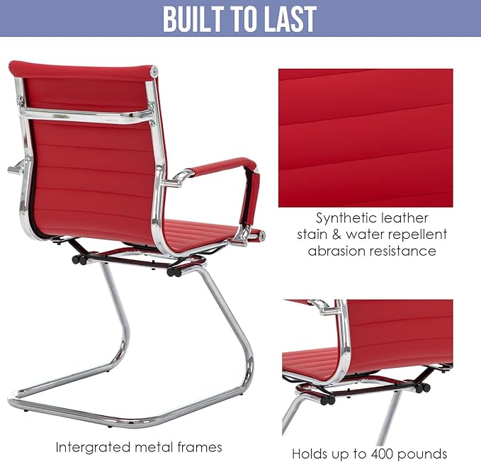 Wahson Office Guest Chairs Set of 10, Leather Reception Chairs, Mid Back Waiting Room Chair, Conference Chairs with Sled Base, Desk Chair No Wheels for Meeting/Lobby/Restroom, Dark Red