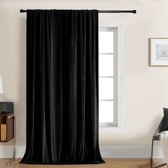 Joydeco Velvet Curtains 96 inch 1 Panel, Long Luxury Black Blackout Thermal Insulated Rod Pocket Window Curtains, Super Soft Room Darkening Drapes for Living Room Bedroom, W100 x L96 Inch, Black