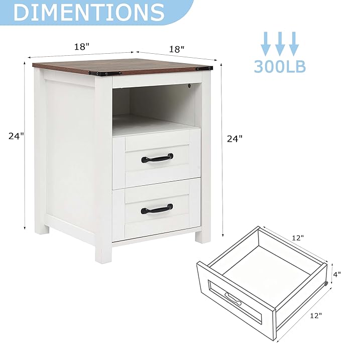 White Rustic Night Stand Set of 2, Farmhouse End Table, Modern Bedside Table with 2 Storage Drawers and Open Shelf, Tall Nightstand for Bedroom