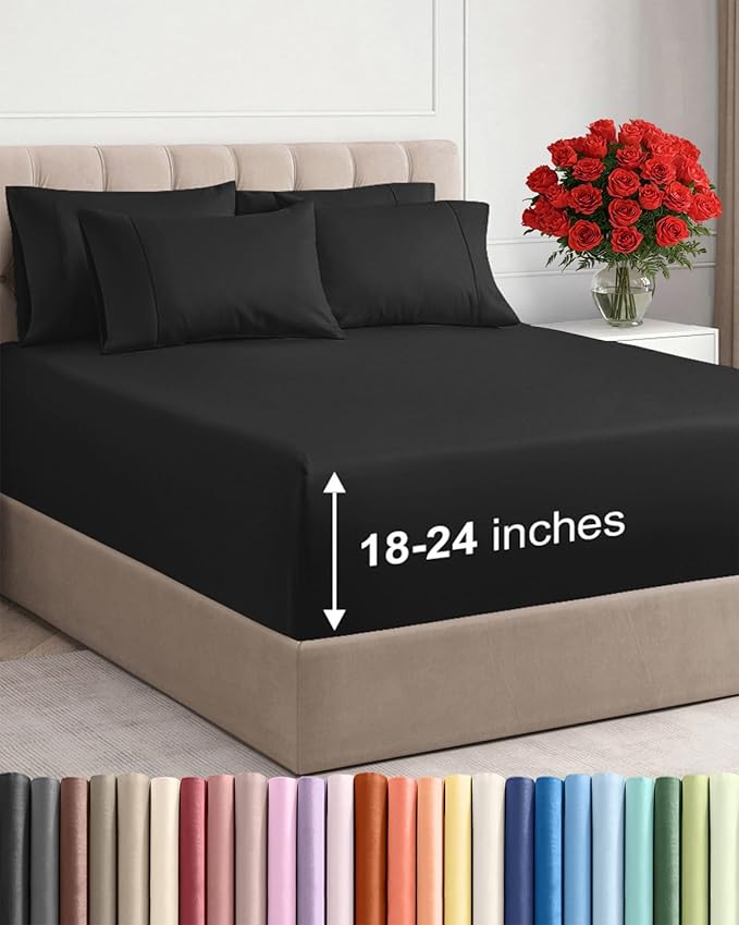 Extra Deep Full Sheet Set - 6 Piece Breathable and Cooling Sheets - Hotel Luxury Bed Sheets Set - Easy & Secure Fit - Soft, Wrinkle Free and Comfy Sheets Set - Black Sheet Set with Extra Deep Pockets