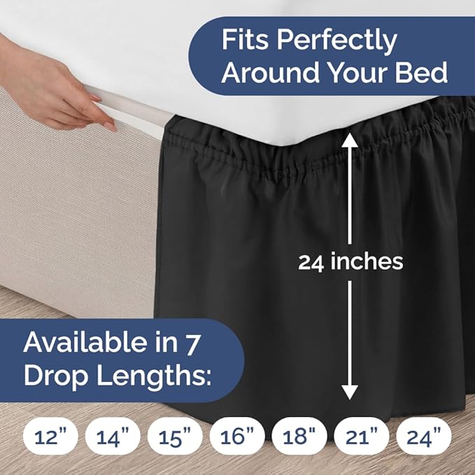 Wrap Around Dust Ruffle Bed Skirt - Black - Twin/Twin XL Size Beds with 24 Inch Drop - Easy Fit Elastic Strap - Adjustable Pleated Bedskirt w/Brushed Fabric - Wrinkle Free - Women, Men, Kids & Teens