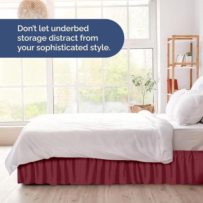 Wrap Around Dust Ruffle Bed Skirt - Burgundy - for King Size Beds with 24 Inch Drop - Easy Fit Elastic Strap - Adjustable Pleated Bedskirt w/Brushed Fabric Wrinkle Free - for Women, Men, Kids & Teens