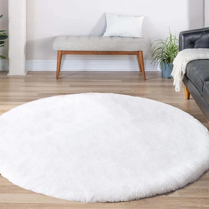 Latepis Round Furry Rugs 5ft White Circle Rugs for Living Room Machine Washable Fluffy Rug Faux Rabbit Fur Plush Shag Rug for Bedroom Nursery Room and Dorm