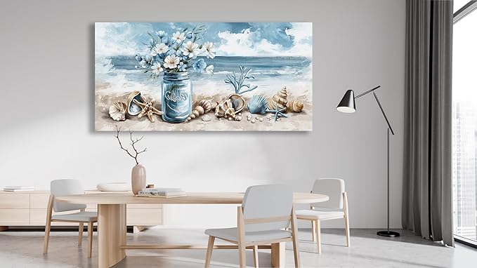 yearainn Coastal Canvas Wall Art - Rustic Jar Flowers Pictures Wall Decor Seashells Seaside Painting Artwork Ocean Landscape Prints for Living Room Bedroom Office Home Decor Ready to Hang 40" x 20"