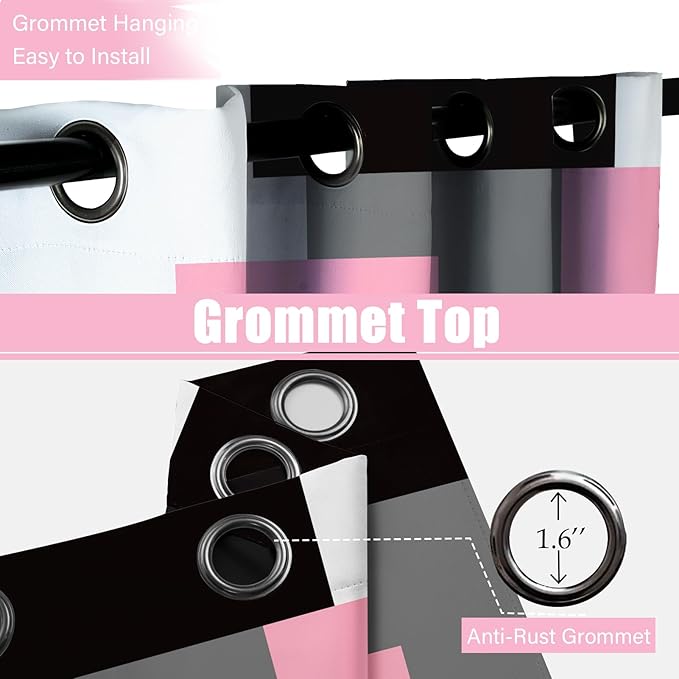 Pink 100% Blackout Curtains for Bedroom 63 inch Length 2 Panels Set White Grey Modern Abstract Geometric Black Out Curtains Insulated Room Darkening Window Drapes for Girls Living Room, 52Wx63L