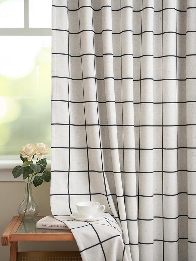 Plaid Pinch Pleated Curtains - Modern Luxury Linen Buffalo Blackout Drapes, Thermal Insulated Double Layer Window Panels for Living Room Bedroom, 95 Inches Long Black 2 Panels Set
